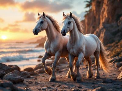Primary subject: Two horses standing on a beach.

Setting/background: The horses are standing on a rocky beach near the ocean.

Visual style: The image is a photo of the two horses.

Colors and mood: The image has a warm and serene atmosphere, with the horses standing in the sunlight.