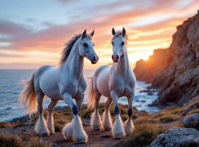 Primary subject: Two white horses standing on a grassy hillside.

Setting/background: The horses are standing on a grassy hillside with a beautiful sunset in the background.

Visual style: The image is a photo of the two horses.

Colors and mood: The colors in the image are predominantly warm and natural, with the sunset creating a serene and peaceful atmosphere.
