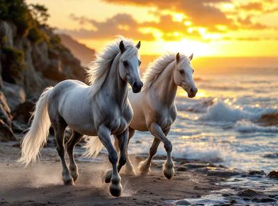 Primary subject: Two white horses running on the beach.

Setting/background: The beach is the setting, with the ocean in the background.

Visual style: The image is a photo of the two horses running on the beach.

Colors and mood: The colors are predominantly white, with the ocean providing a blue and calming backdrop. The mood of the image is energetic and dynamic, as the horses are running freely on the beach.