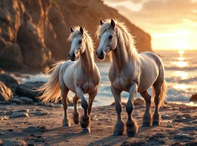 Primary subject: Two horses standing on a beach.

Setting/background: The horses are standing on a sandy beach near the ocean.

Visual style: The image is a photo of the two horses.

Colors and mood: The colors in the image are predominantly warm and natural, with the sandy beach and ocean creating a serene and peaceful atmosphere.