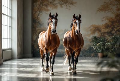 The primary subject of the image is two brown horses running side by side on a hardwood floor. The setting is a room with a wallpapered wall, and the visual style appears to be a photo. The colors in the image are predominantly brown, and the overall atmosphere is energetic and dynamic.
