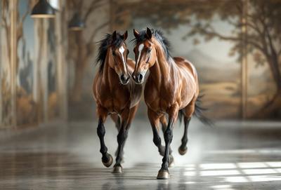 The primary subject of the image is two brown horses standing next to each other. They are positioned in a room with a painting in the background. The setting appears to be a room with a painting on the wall, and the visual style is a photo. The colors and mood of the image are warm and inviting, with the horses being the main focus of the scene.