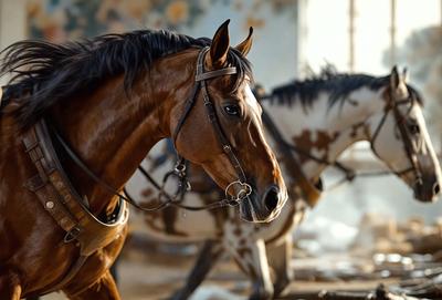 The primary subject of the image is a brown horse with a white spot on its face. The horse is wearing a bridle and is standing in front of another horse. The setting appears to be a dirt field, and the visual style is a photo. The dominant colors in the image are brown and white, creating a natural and earthy atmosphere.