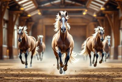 Primary subject: A brown horse running in a dirt-covered arena.

Setting/background: The horse is running in a dirt-covered arena, which is likely a part of a barn or a stable.

Visual style: The image is a photo of the horse running in the arena.

Colors and mood: The dominant colors in the image are brown and orange, which create a warm and natural atmosphere. The horse's movement and the dirt-covered arena