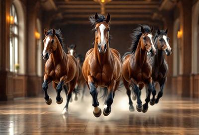 Primary subject: Horses
Setting/background: A large room with a wooden floor
Visual style: Digital art
Colors and mood: The image is in black and white, giving it a classic and timeless feel.