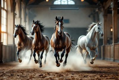 Primary subject: Horses
Setting/background: A dirt ground
Visual style: Photo
Colors and mood: Brown and black, with a dusty and dynamic atmosphere