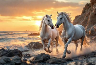 Primary subject: Two white horses running on the beach.

Setting/background: The beach is the setting, with the ocean in the background.

Visual style: The image is a digital artwork.

Colors and mood: The colors are predominantly white, with some orange hues from the sunset. The mood is energetic and dynamic, as the horses are running and enjoying their time on the beach.