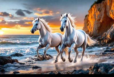Primary subject: Two white horses running on the beach.

Setting/background: The beach is the backdrop for the horses running.

Visual style: The image is a digital art or illustration of the two horses.

Colors and mood: The image is in color, and the mood is energetic and lively, as the horses are running and enjoying their time on the beach.