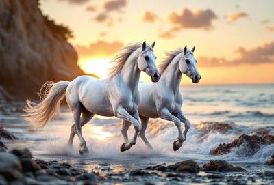 Primary subject: Two white horses running on the beach.

Setting/background: The beach is the setting, with the ocean in the background.

Visual style: The image is a photo of the two horses running on the beach.

Colors and mood: The colors are predominantly white, with the ocean providing a blue and calming atmosphere.