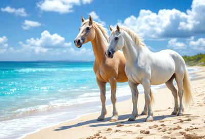 The primary subject of the image is a pair of horses standing on a sandy beach near the ocean. The setting is a beautiful beach environment, with the horses being the main focus of the scene. The visual style of the image is a photo, capturing the horses in their natural habitat. The colors and mood of the image are predominantly warm and serene, with the ocean and sand creating a peaceful and inviting atmosphere.