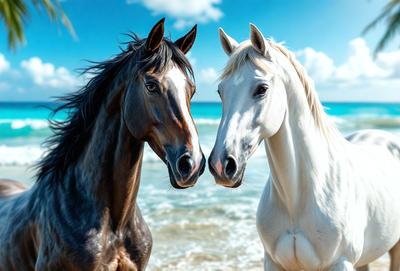The primary subject of the image is a pair of horses standing on a beach. They are positioned close to each other, with their heads touching or nuzzling. The setting is a beach with water in the background. The visual style of the image is a photo, capturing the horses in their natural environment. The colors and mood of the image are predominantly warm and serene, with the horses' white and brown fur contrasting against the blue ocean and sandy beach.