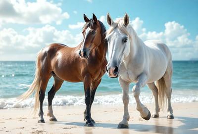 The primary subject of the image is a brown horse and a white horse standing on a beach. The setting is a sandy beach with water in the background. The visual style is a photo, capturing the two horses in their natural environment. The colors and mood of the image are warm and serene, with the contrasting colors of the brown and white horses creating a visually appealing scene.