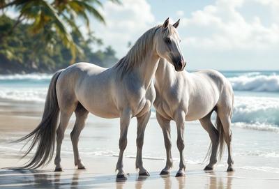 Primary subject: Two horses standing on a beach.

Setting/background: The horses are standing on a sandy beach near the ocean.

Visual style: The image is a digital artwork.

Colors and mood: The colors are predominantly white, gray, and blue, creating a serene and calming atmosphere.