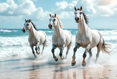 Primary subject: Three white horses running on the beach.

Setting/background: The beach, with the ocean in the background.

Visual style: The image is a photo of the three horses running on the beach.

Colors and mood: The image is in black and white, giving it a classic and timeless feel. The horses' white coats contrast with the darker tones of the beach and ocean, creating a sense of motion and energy.