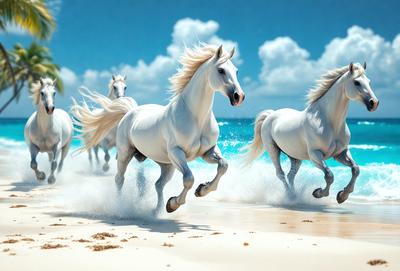 Primary subject: White horses running on the beach.

Setting/background: The beach is the backdrop for the scene, with the ocean visible in the background.

Visual style: The image is a digital art or illustration of the white horses running on the beach.

Colors and mood: The dominant colors are white and blue, creating a serene and calming atmosphere.