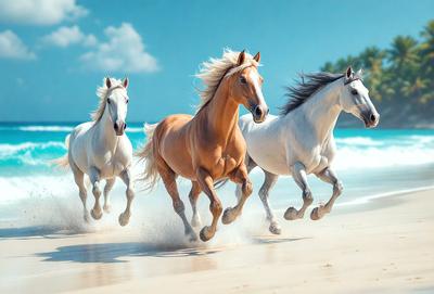 Primary subject: Three horses running on the beach.

Setting/background: The beach is the environment, and the ocean is visible in the background.

Visual style: The image is a digital art or illustration.

Colors and mood: The dominant colors are white, brown, and blue, creating a lively and energetic atmosphere.