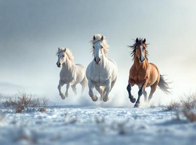 Primary subject: Three horses running in the snow.

Setting/background: The scene takes place in a snowy field, with the horses running through the snow.

Visual style: The image is a photo of the three horses running in the snow.

Colors and mood: The dominant colors in the image are white, gray, and brown, creating a cold and wintry atmosphere.