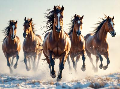 Primary subject: Horses
Setting/background: Snowy field
Visual style: Photo
Colors and mood: White snow, brown horses, and a sense of motion and energy.
