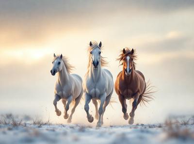 Primary subject: Three horses running in the snow.

Setting/background: The scene takes place in a snowy field, with the horses running through the snow.

Visual style: The image is a digital artwork, featuring the three horses in motion.

Colors and mood: The dominant colors in the image are white, brown, and gray, creating a cold and snowy atmosphere.