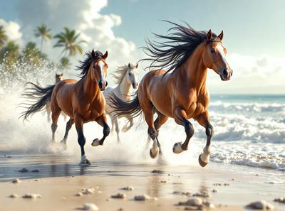 Primary subject: Three horses running on a beach.

Setting/background: The beach is the main environment, with the ocean in the background.

Visual style: The image is a digital art or illustration of the horses running on the beach.

Colors and mood: The colors are predominantly white and brown, with the ocean adding a blue hue. The overall atmosphere is energetic and dynamic, as the horses are captured in motion.