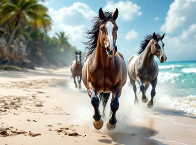 Primary subject: A brown horse running on a beach.

Setting/background: The beach has sand and water, with a few palm trees in the background.

Visual style: The image is a photo of the horse running on the beach.

Colors and mood: The image has a warm and vibrant color palette, with the brown horse as the main focus. The beach setting and the presence of palm trees create a relaxing and inviting atmosphere.