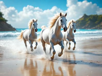 Primary subject: Three white horses running on the beach.

Setting/background: The beach with the ocean in the background.

Visual style: The image is a photo of the three white horses running on the beach.

Colors and mood: The image is in color, and the mood is energetic and lively, as the horses are running and enjoying their time on the beach.