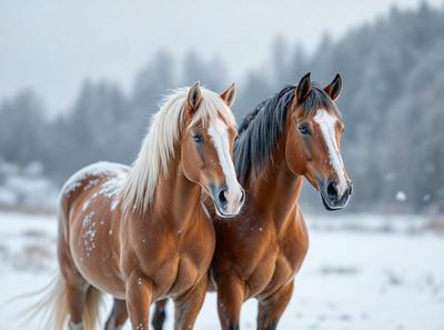 The primary subject of the image is two horses standing next to each other in a snowy environment. They are the main focus of the image, and their presence creates a sense of companionship and connection. The setting is a snowy field, which adds a serene and wintry atmosphere to the scene. The visual style of the image is a photo, capturing the horses in their natural habitat. The colors in the image are predominantly white and brown, reflecting the snowy landscape and the horses' fur. Overall, the