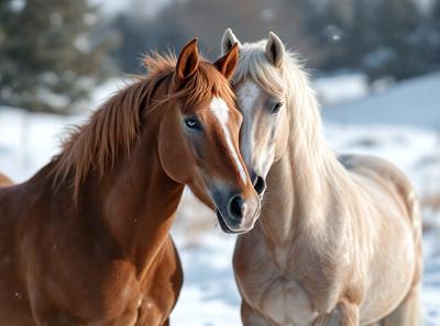 The primary subject of the image is a brown and white horse standing next to a white horse in a snowy environment. The setting includes a snow-covered ground, which adds a sense of coldness and tranquility to the scene. The visual style of the image is a photo, capturing the horses' close interaction and the beauty of their contrasting colors. The dominant colors in the image are brown, white, and snowy shades, creating a mood of serenity and harmony between the two horses.