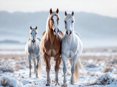 The primary subject of the image is a group of horses standing in a snowy field. There are three horses in total, with one brown horse and two white horses. The setting is a snowy landscape, and the visual style appears to be a photo. The colors and mood of the image are predominantly white and cold, as the snow covers the ground and the horses stand in the snowy field.