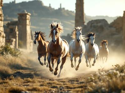 Primary subject: Horses
Setting/background: A dirt road with a mountainous background
Visual style: Photo
Colors and mood: The image is in color, and the horses are running through the dirt, creating a dynamic and energetic atmosphere.