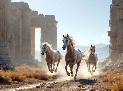 Primary subject: Three white horses running on a dirt road.

Setting/background: The horses are running in front of a large stone building, which could be a temple or a monument.

Visual style: The image is a photo of the horses running in the dirt.

Colors and mood: The image has a warm and natural color palette, with the white horses standing out against the dirt road and the stone building in the background.