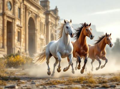 Primary subject: Three horses running on a dirt road.

Setting/background: The horses are running in front of a building, which could be a castle or a similar structure.

Visual style: The image is a photo of the horses in motion.

Colors and mood: The image has a sepia tone, giving it a warm and nostalgic atmosphere.