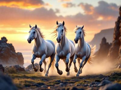 Primary subject: Three white horses running together.

Setting/background: A grassy field with a mountain in the background.

Visual style: Digital art.

Colors and mood: The image is in color, with the horses being predominantly white. The overall atmosphere is energetic and dynamic, as the horses are captured in motion.