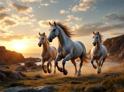 Primary subject: Three white horses running in a field.

Setting/background: The horses are running on a grassy field with a rocky hill in the background.

Visual style: The image is a digital artwork.

Colors and mood: The image has a warm and vibrant color palette, with the white horses contrasting against the green grass and the rocky hill. The overall atmosphere is energetic and dynamic, capturing the horses in motion.