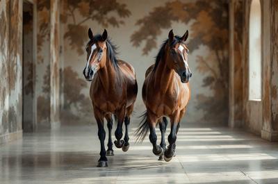 The primary subject of the image is two brown horses running side by side. They are the main focus of the scene, and their movement and interaction with each other create a dynamic and engaging visual experience.

The setting is a hallway with a wallpapered background, which adds a touch of elegance and sophistication to the scene. The overall atmosphere is energetic and lively, as the horses are captured in motion, showcasing their strength and grace.