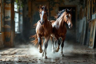 Primary subject: Two brown horses running together.

Setting/background: A room with a wall and a window.

Visual style: A photo of the two horses running.

Colors and mood: The horses are brown, and the overall atmosphere is energetic and dynamic.