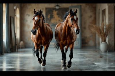 The primary subject of the image is two brown horses running side by side. They are the main focus of the scene, and their movement and interaction with each other create a dynamic and engaging visual experience. The setting is a room with a door, and the visual style is a photo. The colors in the image are predominantly brown, which adds to the natural and earthy atmosphere of the scene.