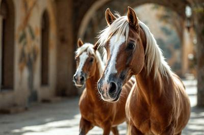 The primary subject of the image is a brown horse with a white face, standing next to another horse. The setting is an outdoor area with a stone wall in the background. The visual style is a photo, capturing the horses in their natural environment. The colors and mood of the image are warm and inviting, with the brown horse and white face creating a striking contrast against the stone wall.