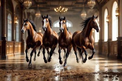Primary subject: Horses
Setting/background: A large room with a wooden floor
Visual style: Photo
Colors and mood: The horses are brown, and the overall atmosphere is dynamic and energetic.