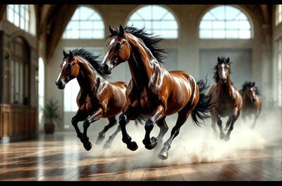 Primary subject: Four horses running in a building.
Setting/background: A large building with arched windows.
Visual style: Digital art.
Colors and mood: The horses are brown, and the overall atmosphere is energetic and dynamic.