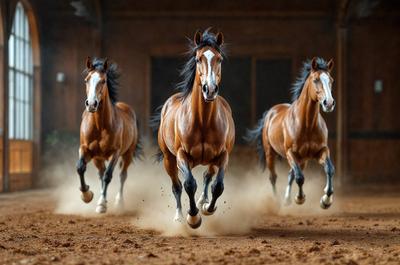 Primary subject: Three brown horses running in a dirt-covered arena.

Setting/background: The horses are running in a dirt-covered arena, which is likely a part of a barn or a stable.

Visual style: The image is a photo of the three horses in motion.

Colors and mood: The image is in black and white, giving it a classic and timeless feel. The horses' brown coats and the dirt-covered ground create a sense of