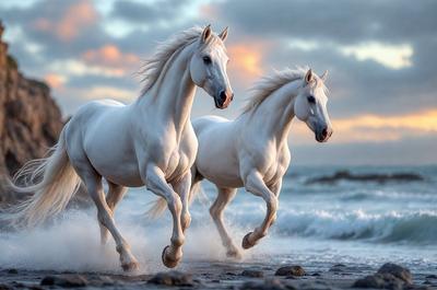 Primary subject: Two white horses running on the beach.

Setting/background: The beach, with waves crashing and a beautiful sunset in the background.

Visual style: The image is a photo of the two white horses running on the beach.

Colors and mood: The colors are predominantly white, with the horses' coats and the sunset creating a serene and peaceful atmosphere.