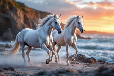 Primary subject: Two white horses running on the beach.

Setting/background: The beach is the main environment, with the ocean in the background.

Visual style: The image is a photo of the two horses running on the beach.

Colors and mood: The dominant colors are white and grey, with a serene and natural atmosphere.