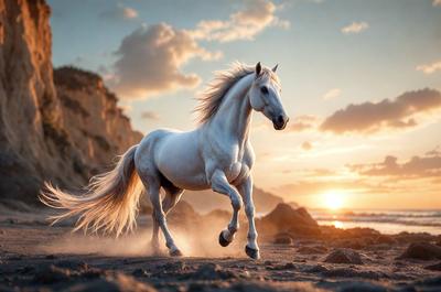 Primary subject: A white horse running on a beach.

Setting/background: The horse is running on a sandy beach, with a rocky outcrop in the background.

Visual style: The image is a photo of the horse running on the beach.

Colors and mood: The image has a warm and vibrant color palette, with the white horse standing out against the sandy beach and rocky outcrop. The overall atmosphere is energetic and dynamic, as the horse appears to