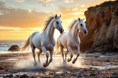 Primary subject: Two white horses running on a beach.

Setting/background: The beach is the main environment, with the ocean in the background.

Visual style: The image is a photo of the two horses running on the beach.

Colors and mood: The dominant colors are white and orange, with the sunset in the background creating a warm and inviting atmosphere.