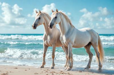 The primary subject of the image is two white horses standing on a beach near the ocean. The setting is a beach with water and waves in the background. The visual style is a photo, capturing the horses in their natural environment. The colors and mood of the image are predominantly white, creating a serene and peaceful atmosphere.