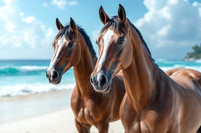 The primary subject of the image is two brown horses standing on a beach. They are positioned close to each other, with one horse on the left and the other on the right. The setting is a beach, with the ocean visible in the background. The visual style of the image is a photo, capturing the horses in their natural environment. The colors and mood of the image are warm and serene, with the horses and the beach creating a peaceful and picturesque scene.