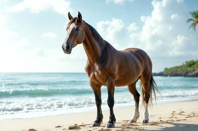 Primary subject: A brown horse standing on the beach.

Setting/background: The horse is standing on a sandy beach near the ocean.

Visual style: The image is a photo of the horse on the beach.

Colors and mood: The horse is brown, and the overall atmosphere is serene and peaceful, as the horse stands alone on the beach.