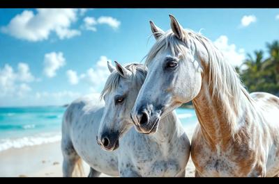 The primary subject of the image is a pair of horses standing on a beach. They are positioned close to each other, with their heads touching. The setting is a beach with a clear blue sky in the background. The visual style of the image is a photo, capturing the horses in their natural environment. The colors and mood of the image are predominantly blue and serene, reflecting the calm and peaceful atmosphere of the beach.
