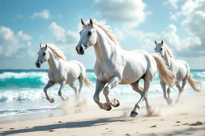 Primary subject: White horse running on the beach.
Setting/background: The beach with waves and sand.
Visual style: Digital art.
Colors and mood: The image is in black and white, giving it a classic and timeless feel.